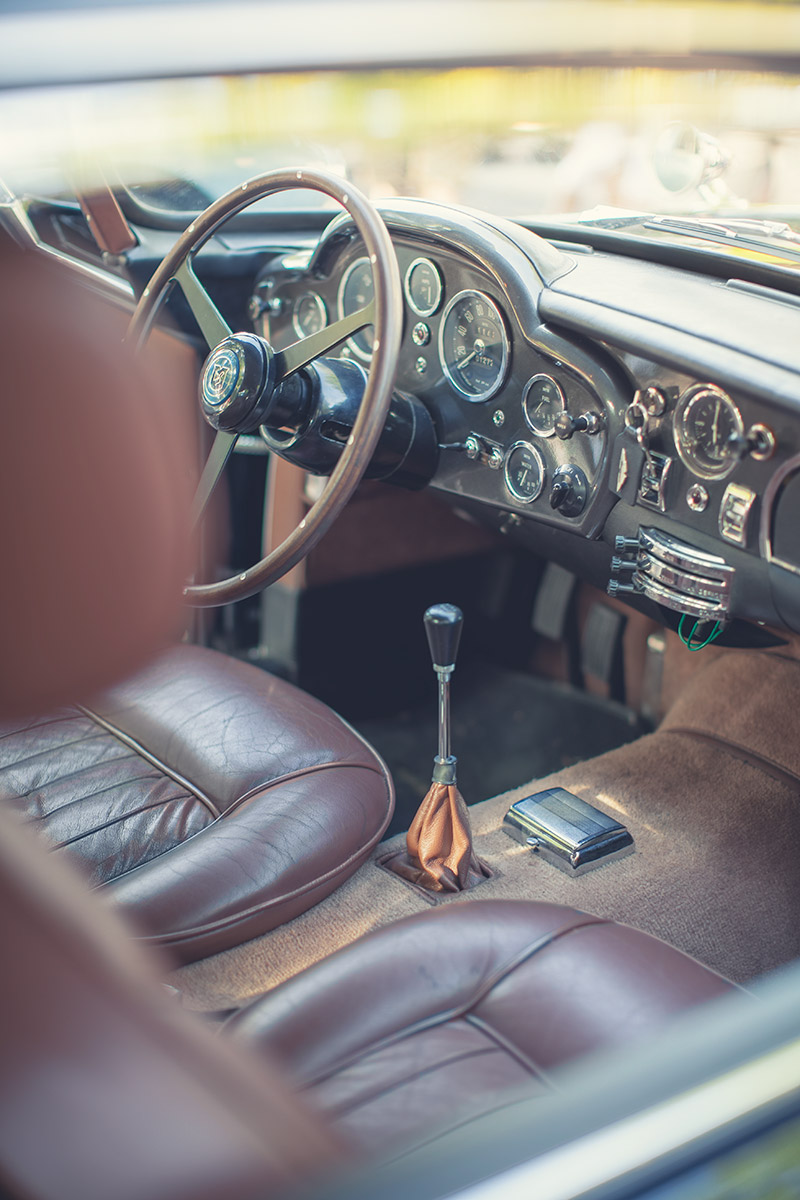 Brown interior of James Bond's choice of car. Vintage Aston Martin DB5