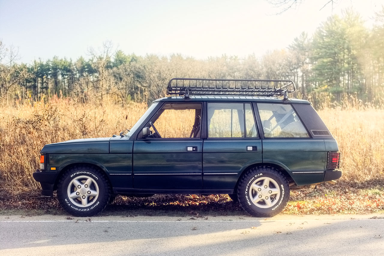 British Racing Green Range Rover Classic fall drive with BFG KM2 Mud tires
